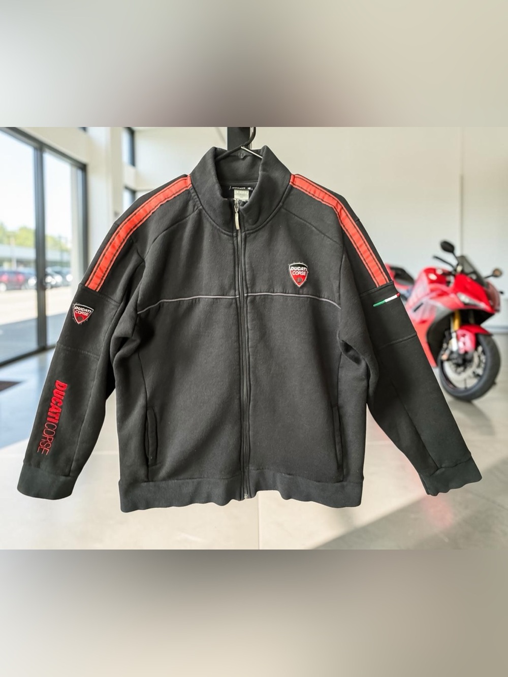 Vintage Ducati Corse Men’s Black Jacket with Red Stripe - Size XL